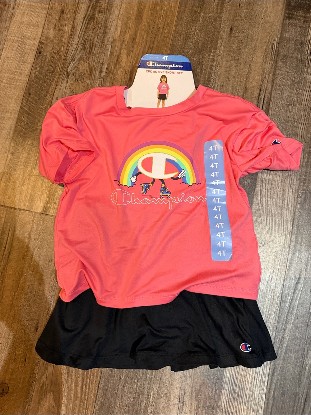 Champion Girls Pink Rainbow Logo Tee with Black Athletic Skort Sz 4T
